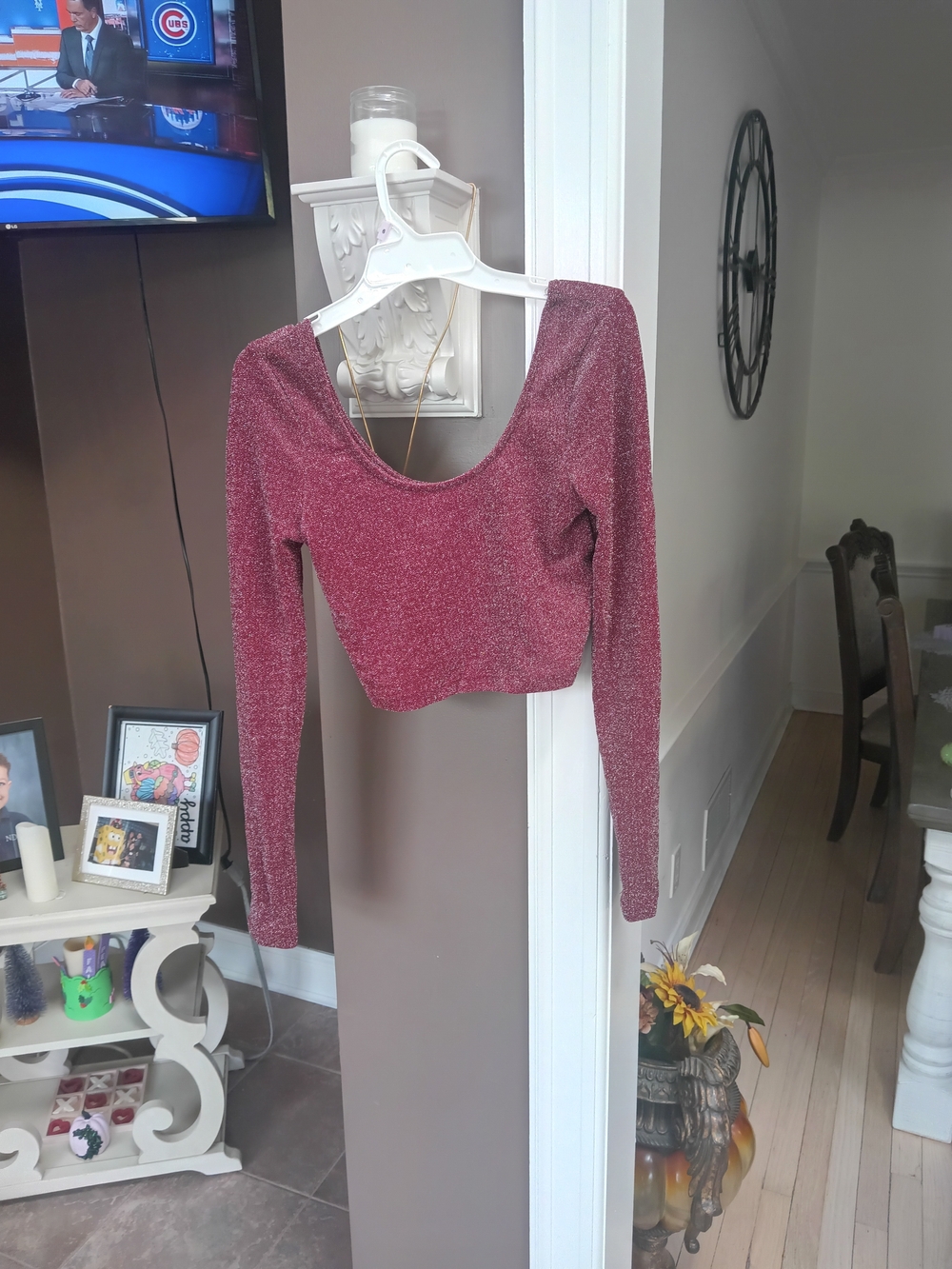 Cotton On Sparkle Scoop Neck Long Sleeve Crop Top - Burgundy